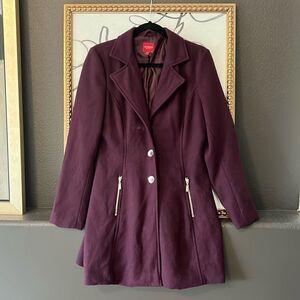 Guess Wool Coat Medium Boucle Wine Red Collar Tie Belt Women's Pea Coat long